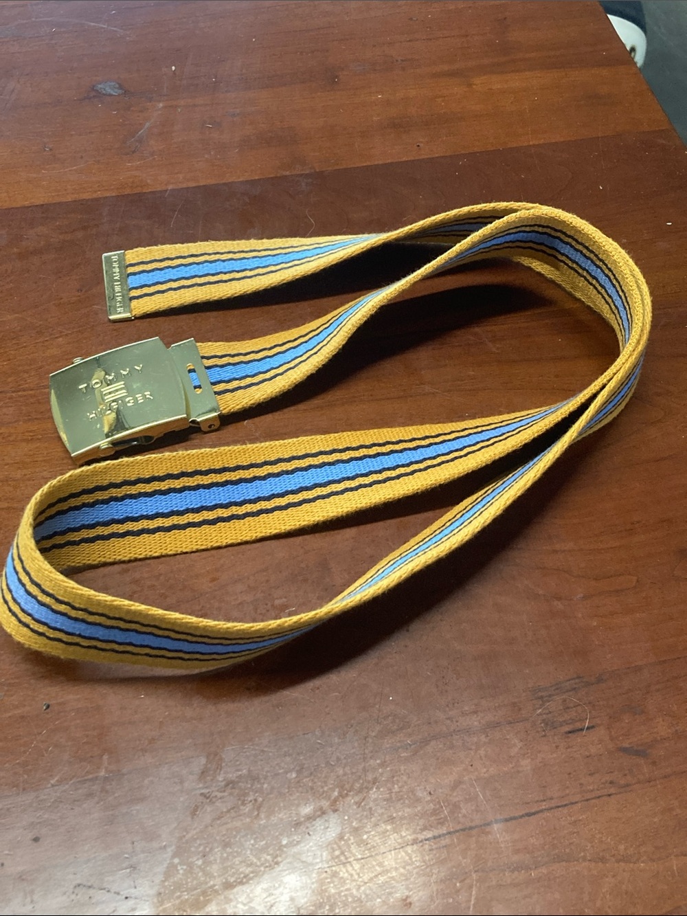 Vtg Y2K Tommy Hilfiger Canvas Ratchet Belt Yellow & Blue Striped Gold Buckle